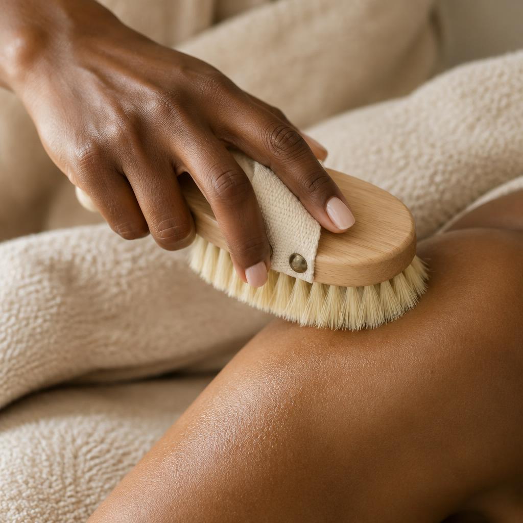 A massage therapist's hand brushing a client's arm with a natural bristle dry brush