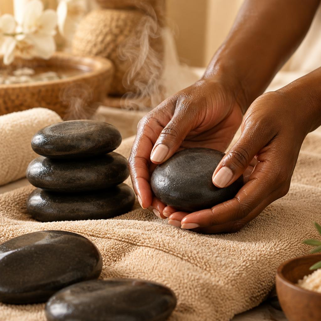 A massage therapist's hands holding a smooth heated basalt stone beside a stack of hot stones on a warm towel