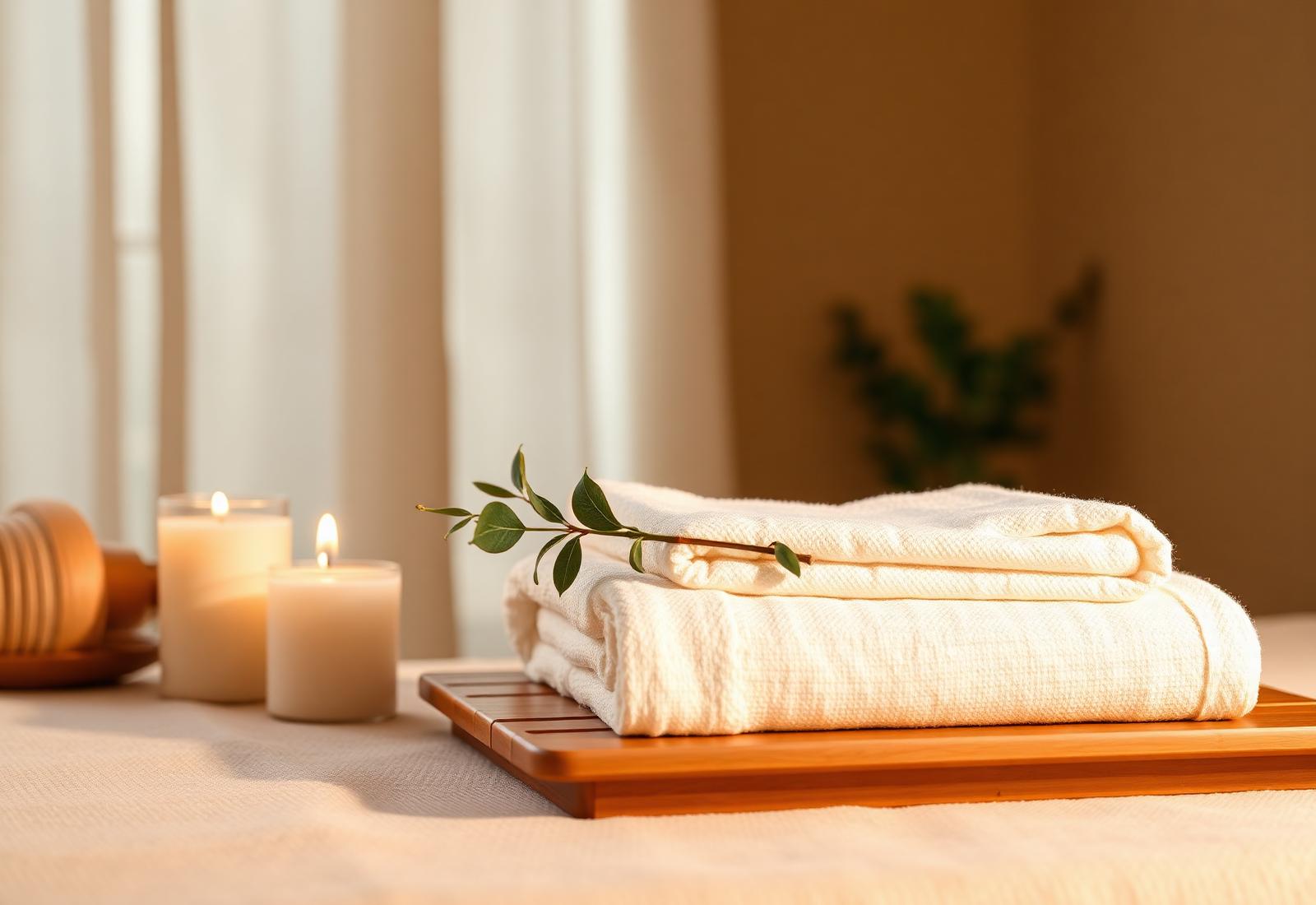 Folded linen towels on a wooden tray beside two lit candles and a sprig of greenery