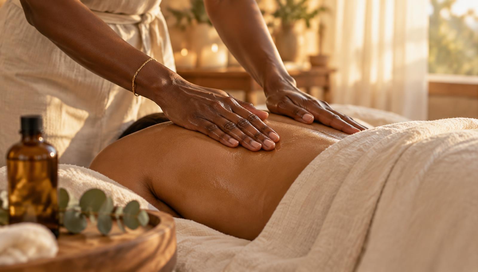 A massage therapist's hands gliding warm oil across a client's shoulder while the client rests face down under a cream linen towel, an amber oil bottle and a sprig of eucalyptus nearby