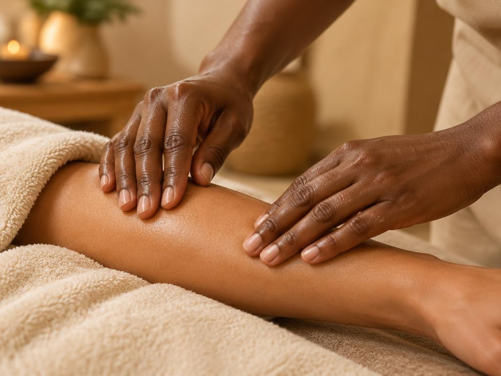 A massage therapist making gentle, light strokes along a client's arm during a lymphatic drainage session