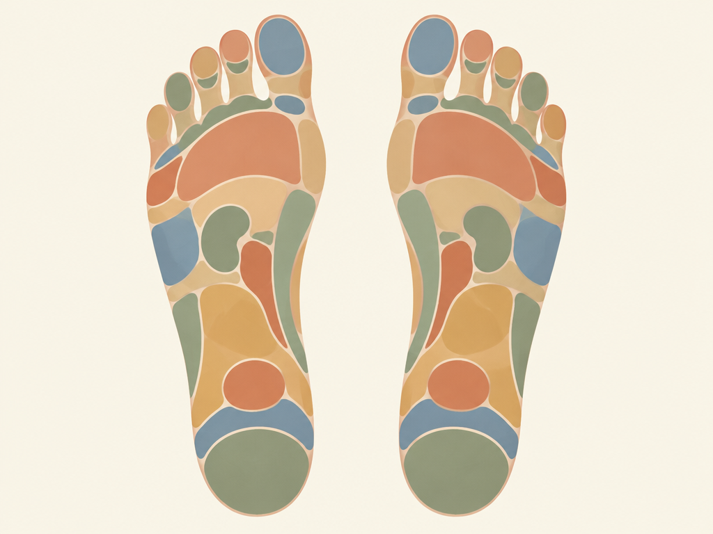Illustrated reflexology chart showing the zones of both feet and the body areas each point corresponds to
