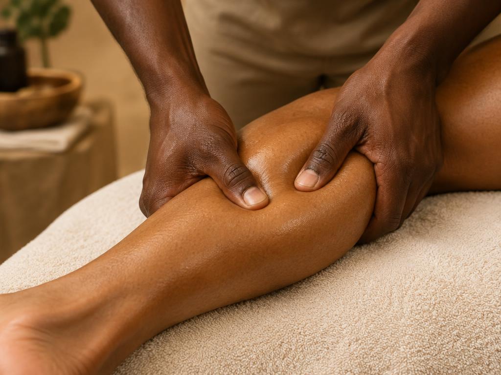 A massage therapist applying firm pressure to a client's calf during a sports recovery session