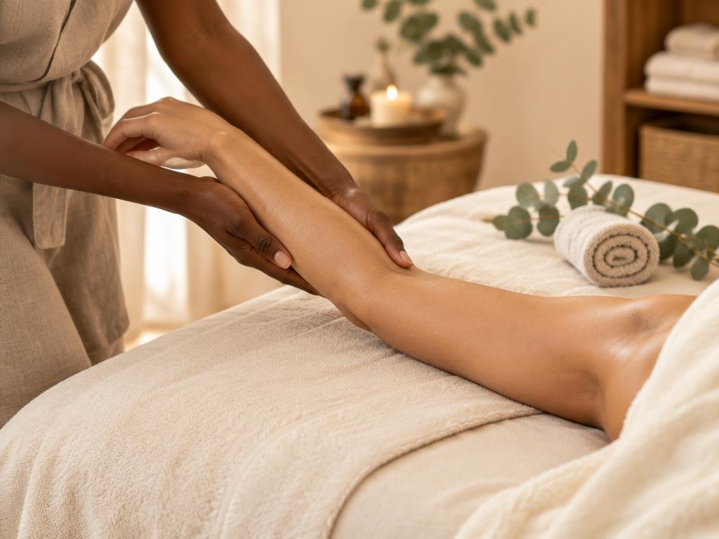 A massage therapist's hands supporting a client's extended arm through a slow assisted stretch on a treatment table