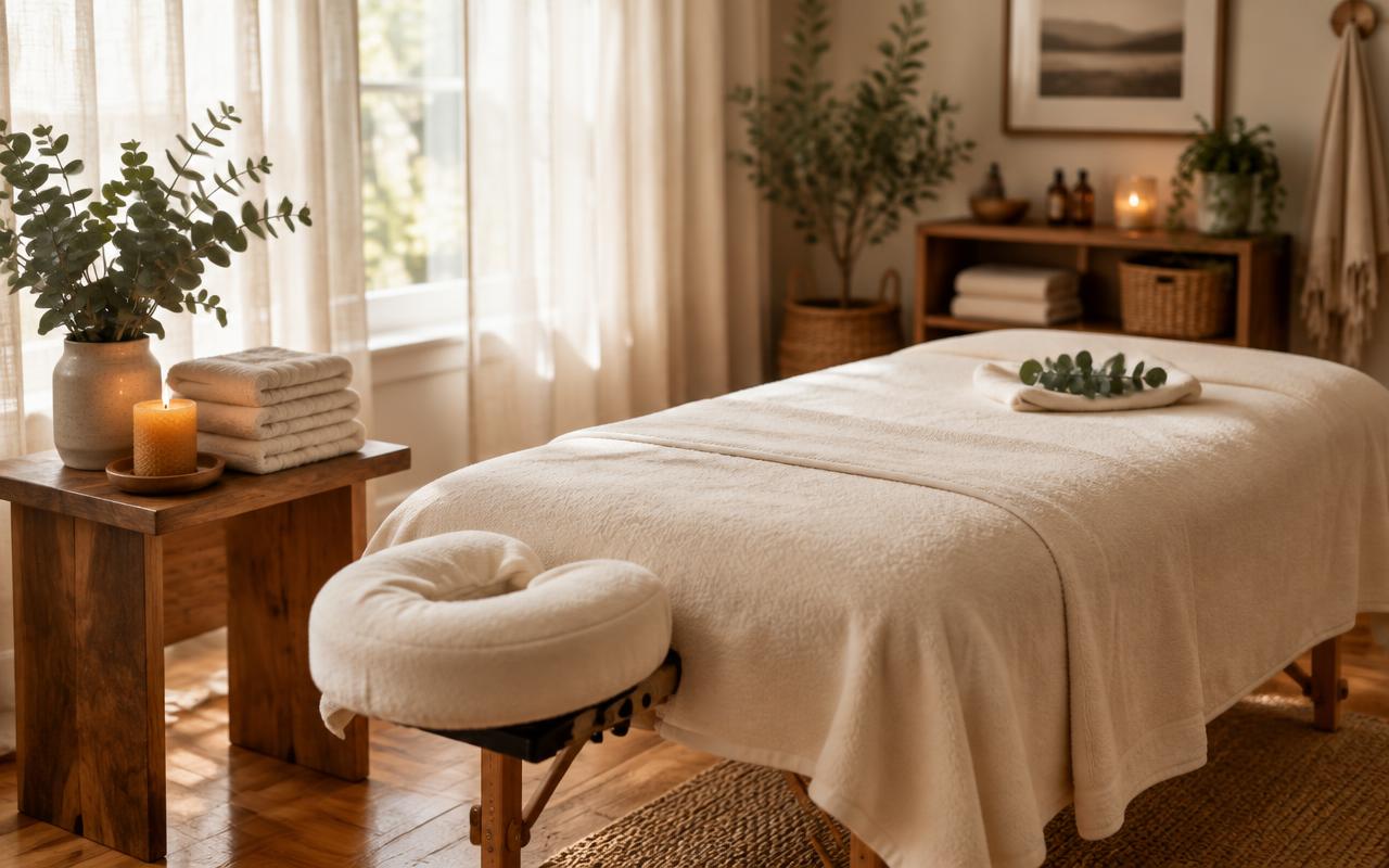 A massage table dressed in cream linens in a sunlit studio with a wooden side table, eucalyptus and a lit candle