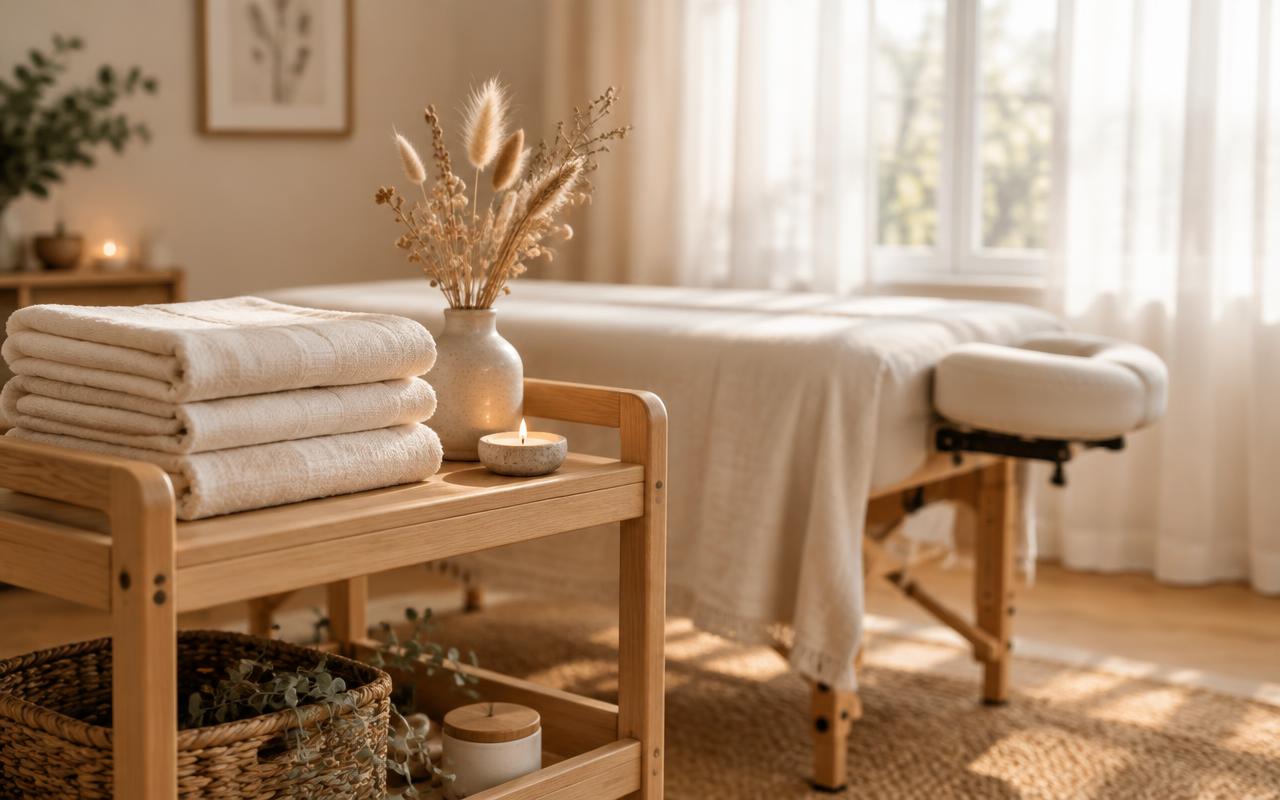 A wooden cart holding folded cream towels, a lit tea light and dried grasses beside a window with sheer curtains